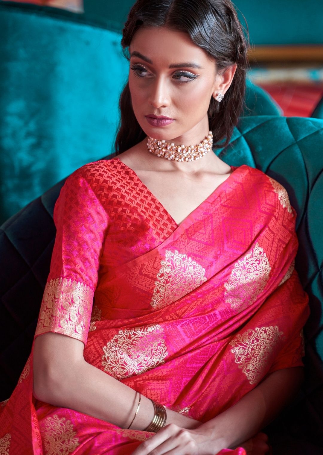 Cerise Pink Woven Pure Satin Silk Saree