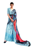 Sky Blue & Black Digital Printed Satin Crepe Saree