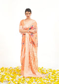 Light Peach Orange Hand Woven Lucknowi Cotton Saree