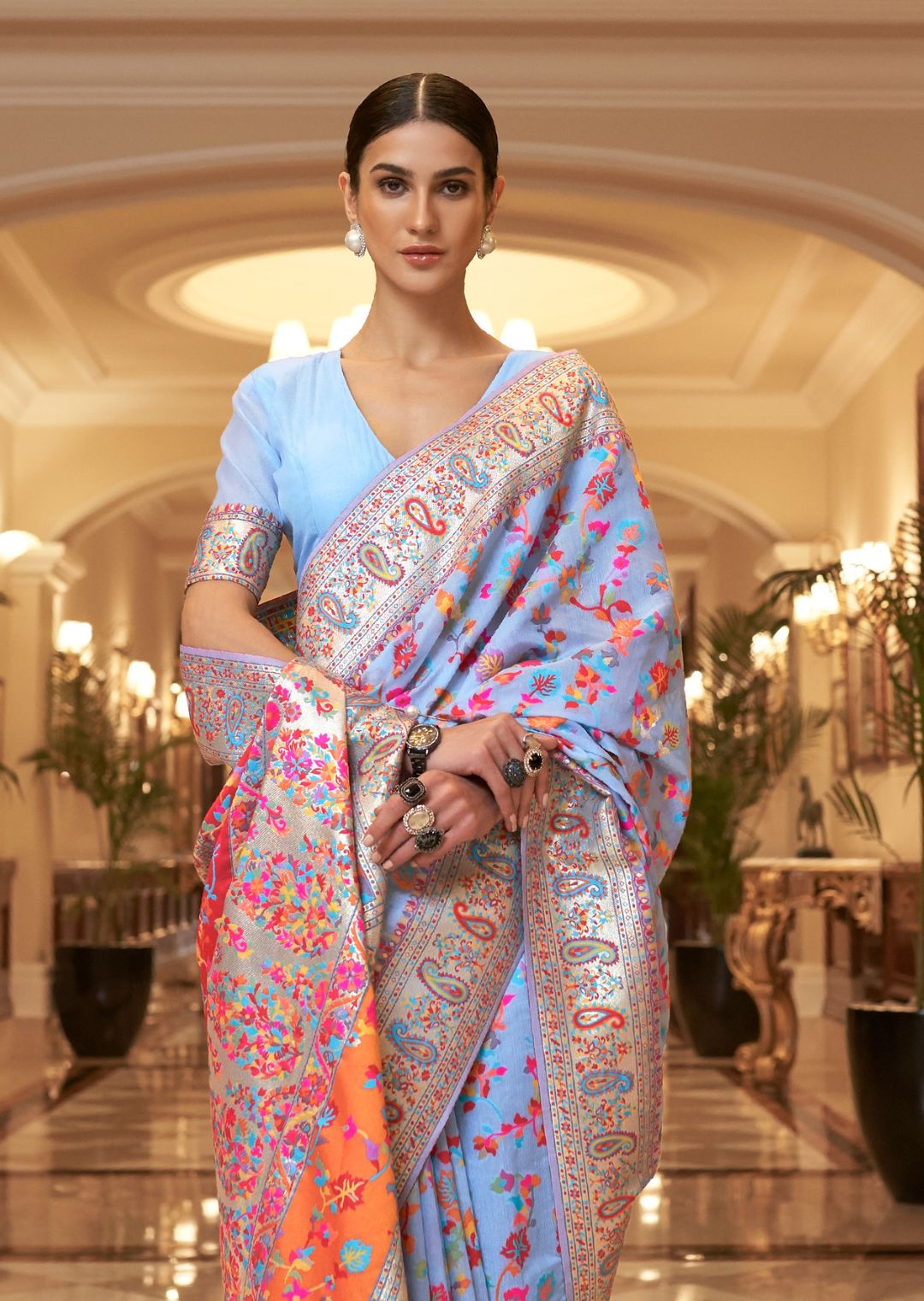 Pale Lavender Woven Pure Handloom Kashmiri Jamewar Silk Saree
