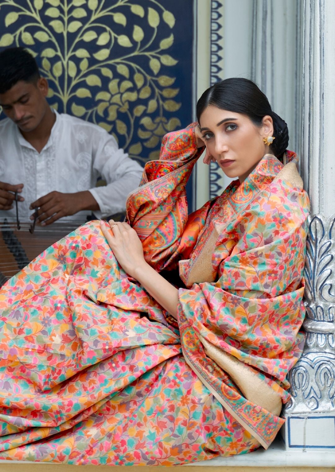 Peach Woven Kashmiri Jamewar Silk Saree