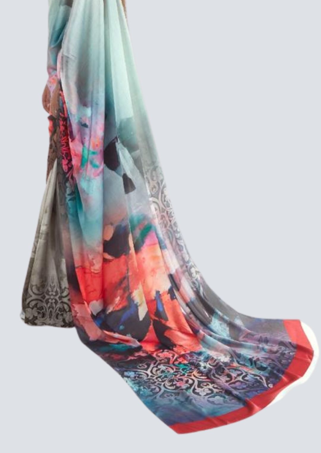 Mint Green Digital Printed Satin Crepe Saree
