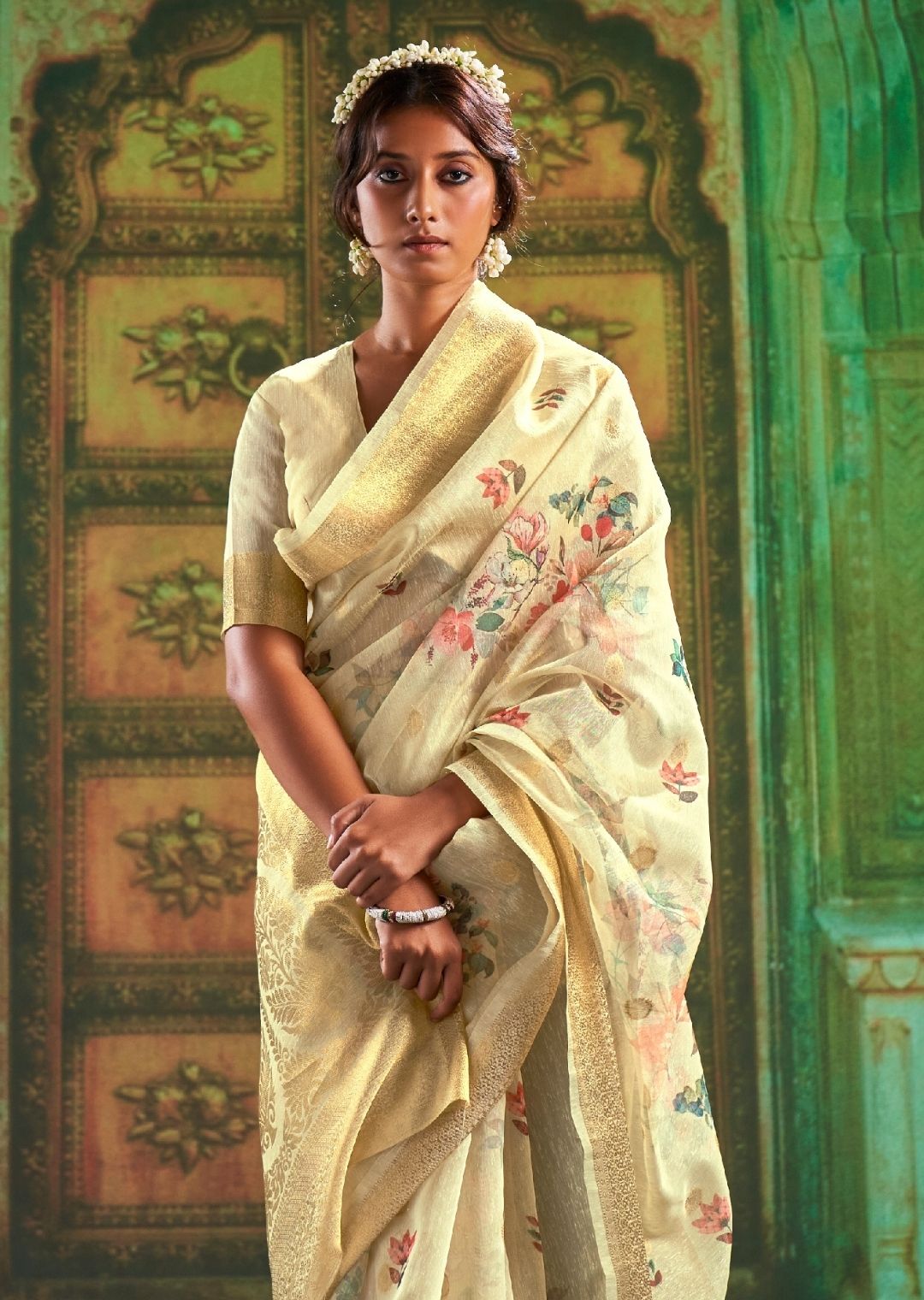 Peal Yellow White Zari Woven Pure Handloom Digital Linen Saree