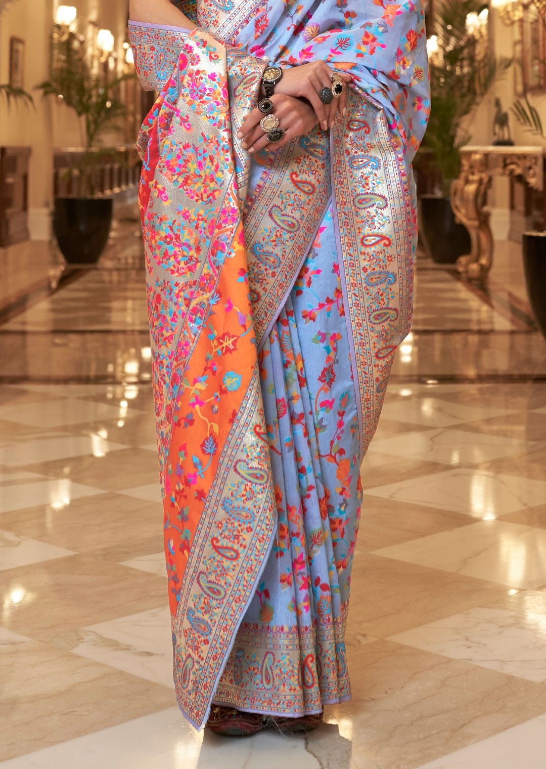 Pale Lavender Woven Pure Handloom Kashmiri Jamewar Silk Saree