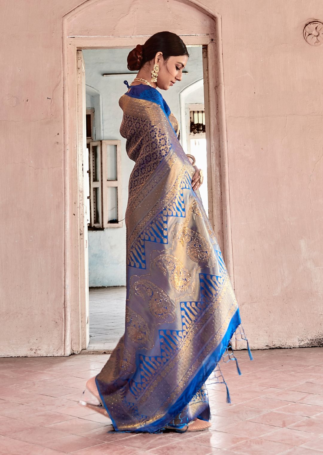 Festive Blue Swaroski Hand Woven Kanjivaram Silk Saree