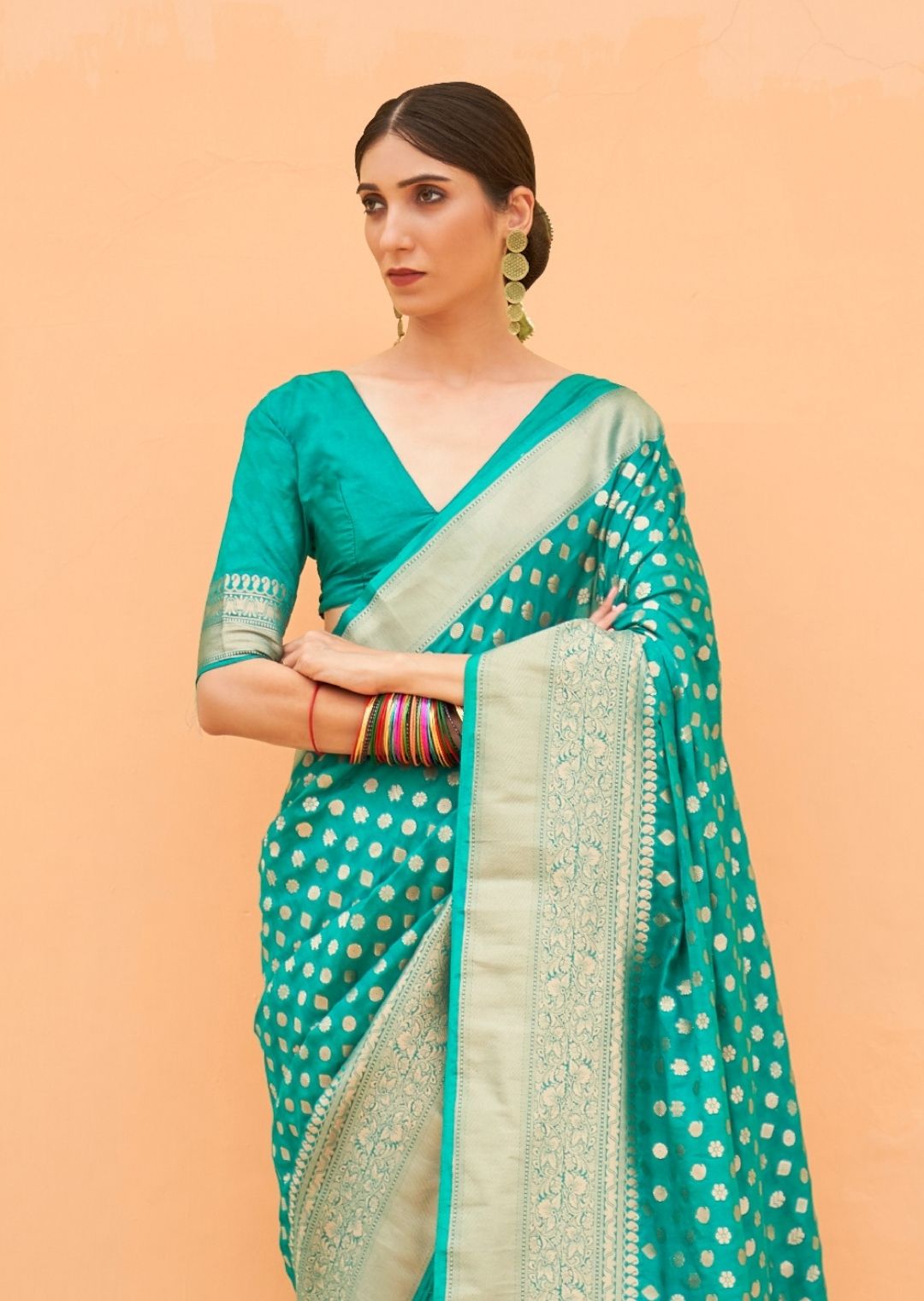 Turquoise Green Pure Braso Chiffon Saree With Embroidered Silk Blouse