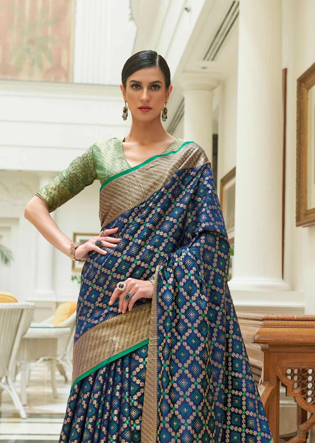 Navy Blue Zari Woven Traditional Patola Silk Saree With Self Brocade Blouse