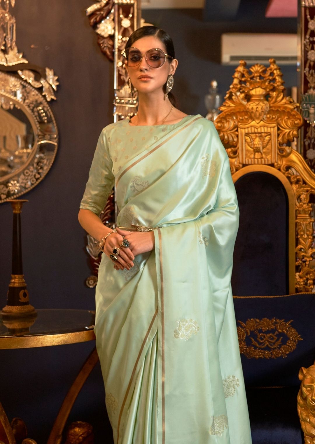 Mint Green Woven Pure Satin Silk Saree