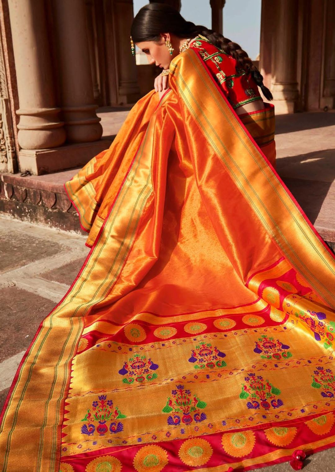 Orange Woven Traditional Tissue Paithani Silk Saree