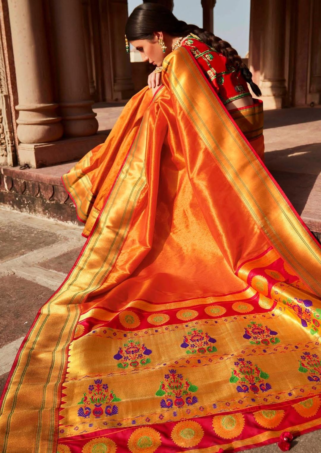 Orange Woven Traditional Banarasi Paithani Silk Saree