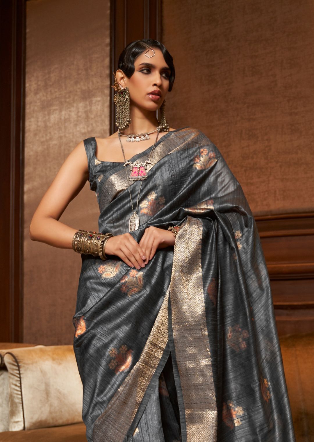 Anchor Gray Woven Handloom Pure Tessar Zari Silk Saree