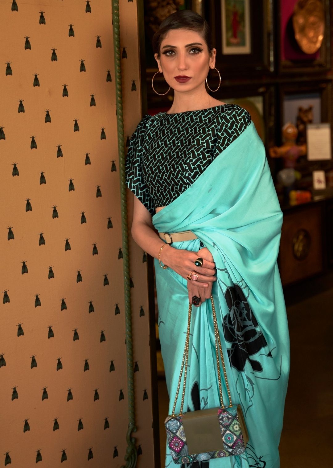 Turquoise Green Digital Printed Satin Crepe Silk Saree
