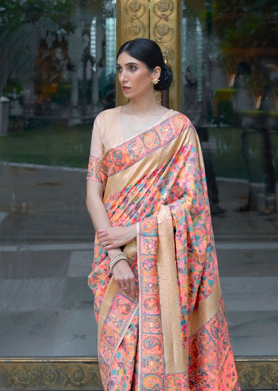 Peach Woven Kashmiri Jamewar Silk Saree