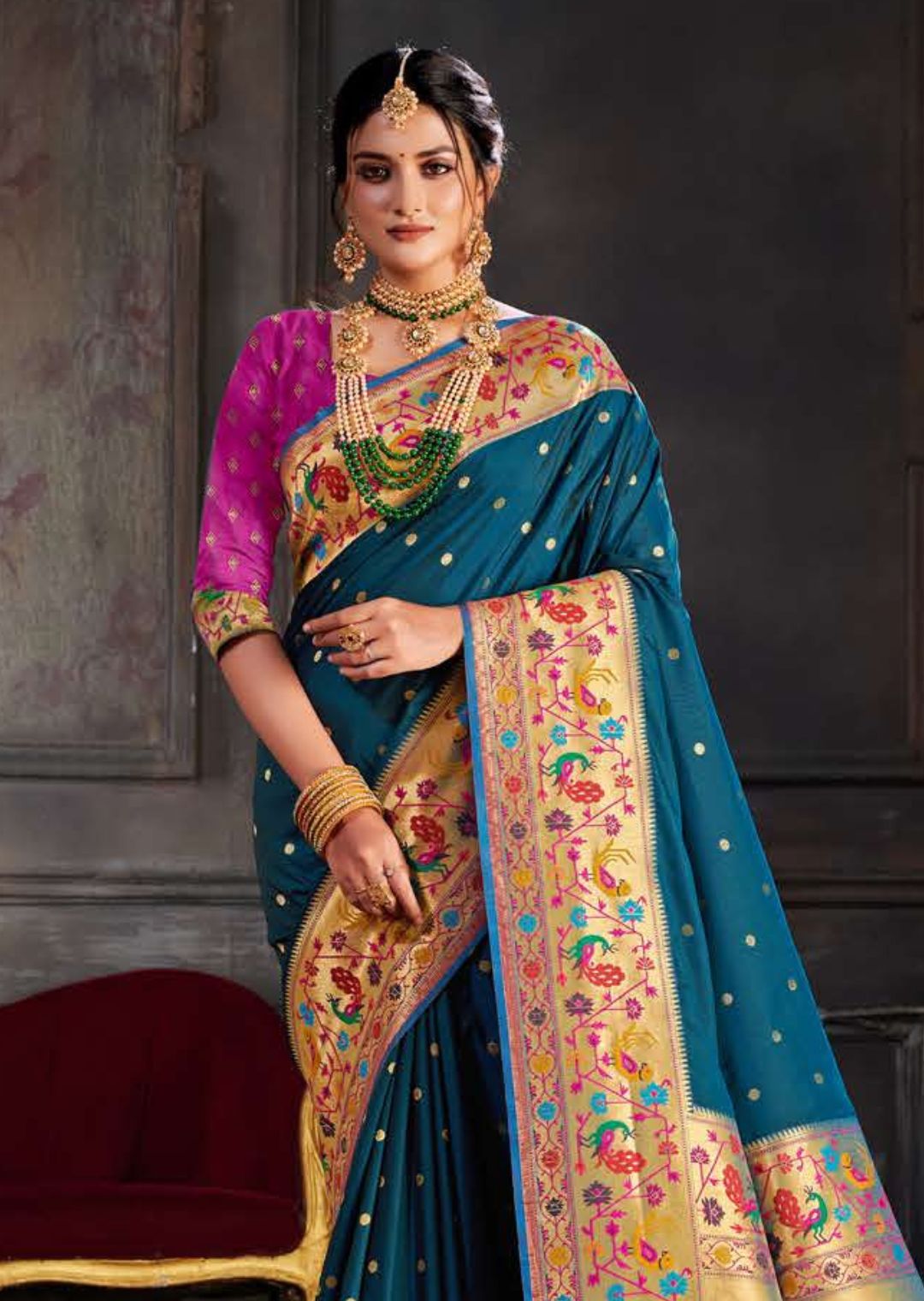 Teal Blue Woven Pure Traditional Paithani Silk Saree