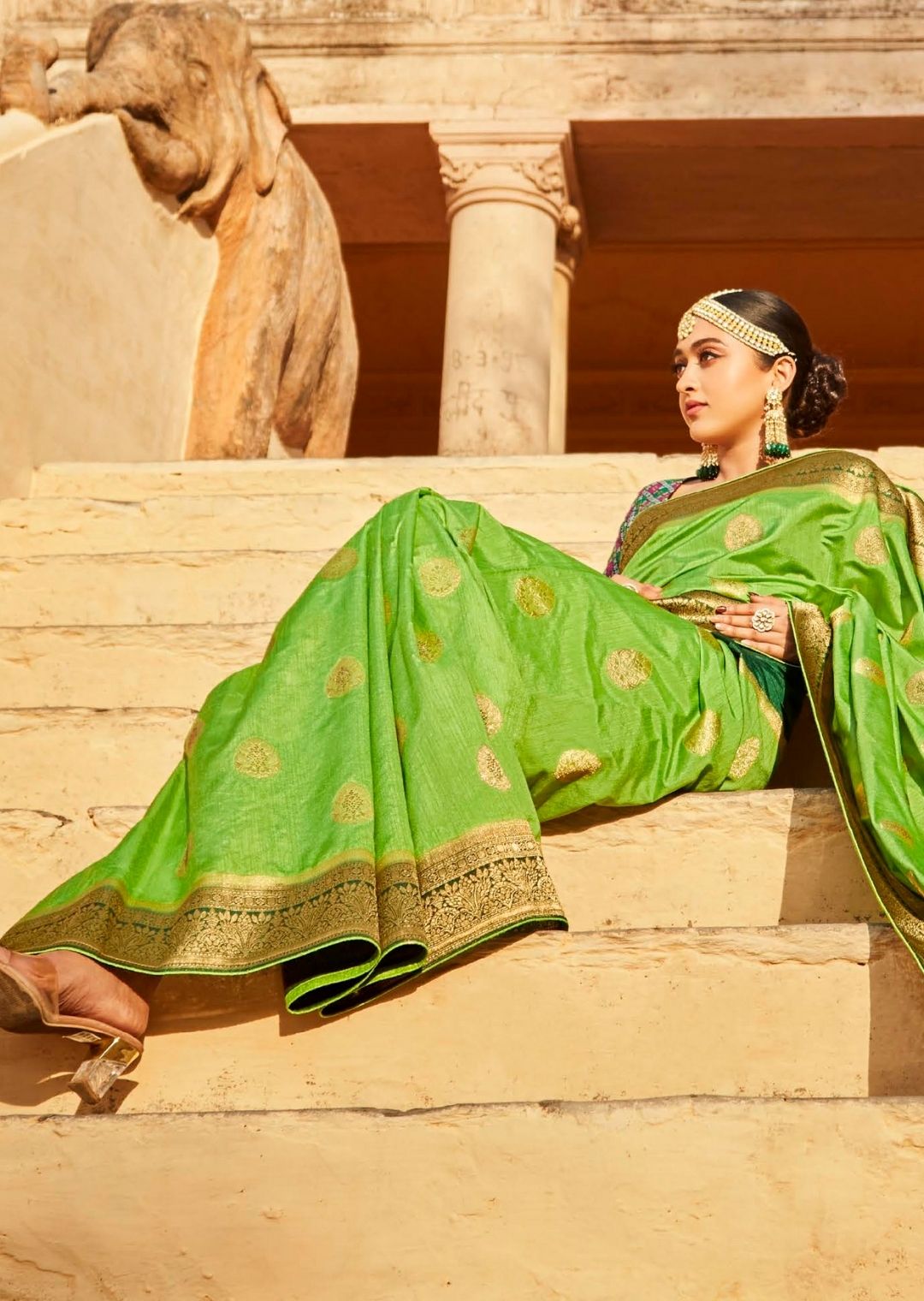 Lime Green Woven Traditional Patola Silk Saree With Embroidered Silk Blouse