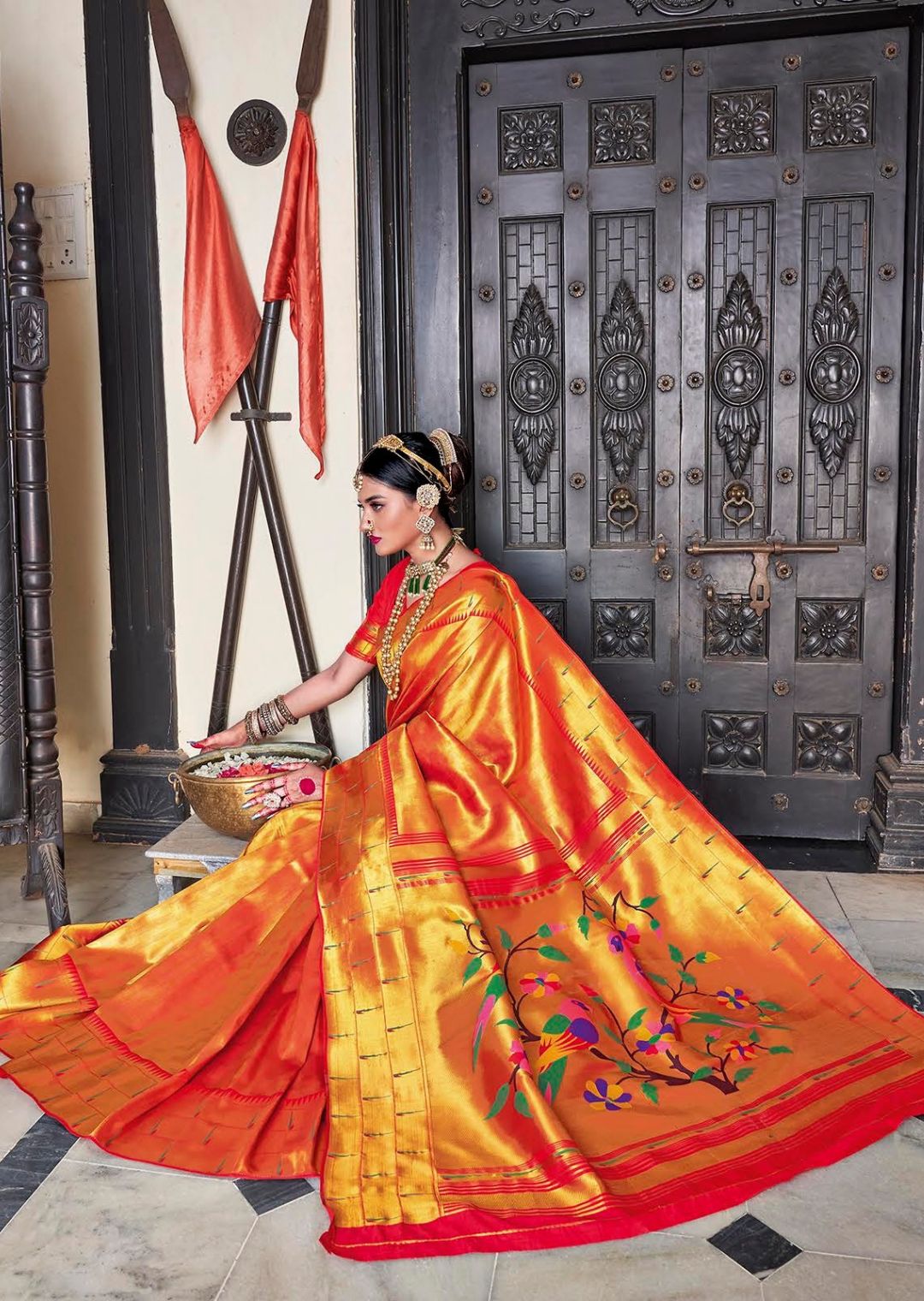 New designer Light Red Golden Border Saree.Buy online saree.