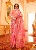 Watermelon Pink Zari Woven Pure Handloom Chanderi Silk Saree