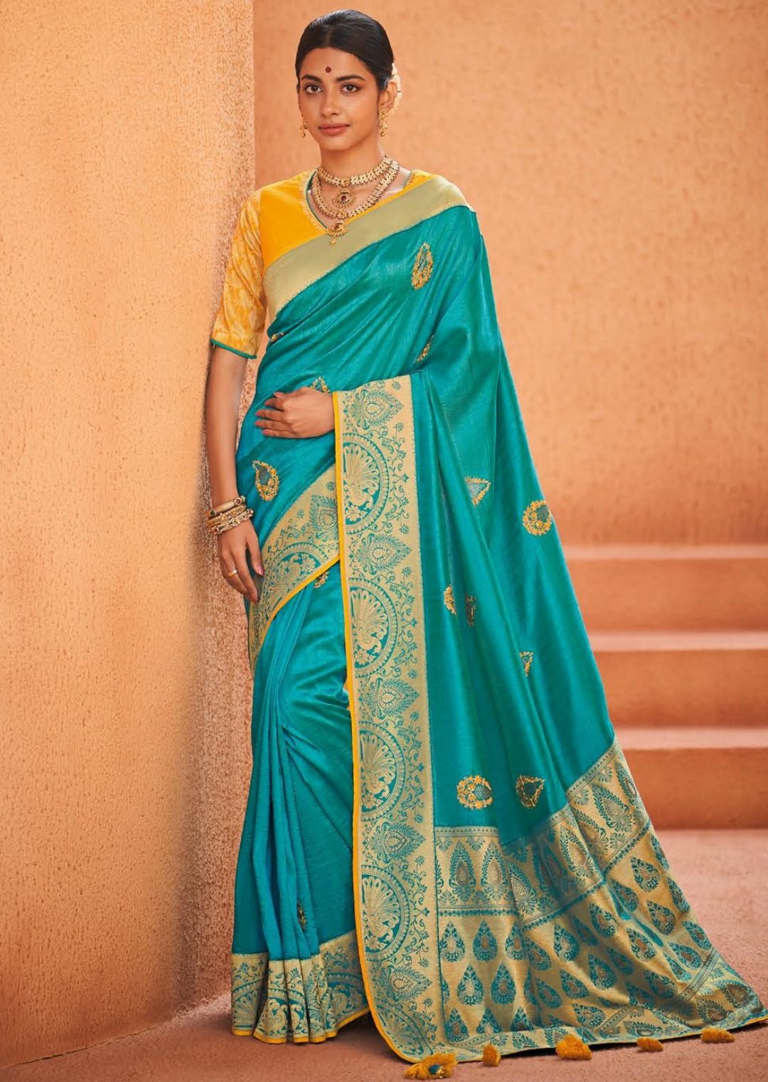 Turquoise Blue Woven Designer Silk Saree with Embroidered Silk Blouse –