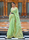 Tea Green Zari Woven Pure Handloom Linen Saree
