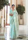 Light Turquoise Blue Hand Woven Lucknowi Cotton Saree