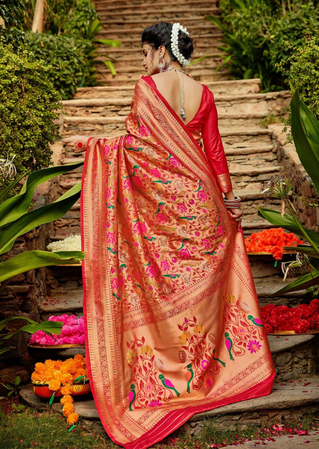 Ruby Red Woven Brocade Paithani Silk Saree