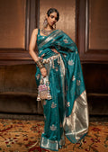 Peacock Green Woven Handloom Pure Tessar Zari Silk Saree