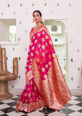 Hot Pink Woven Pure Satin Banarasi Silk Saree
