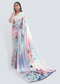 White Digital Printed Satin Crepe Saree