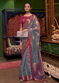 Slate Gray Zari Woven Two Tone Pure Handloom Organza Silk Saree
