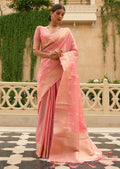 Watermelon Pink Zari Woven Pure Handloom Linen Saree