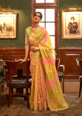 Lime Green & Pink Zari Woven Pure Handloom Organza Silk Saree With Sequins Work