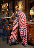 Coral Pink Digital Printed Satin Crepe Silk Saree