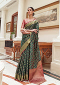 Bottle Green Zari Woven Traditional Patola Silk Saree With Self Brocade Blouse