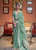Light Ocean Green Zari Woven Pure Handloom Linen Saree