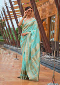 Light Aqua Blue Zari Woven Pure Handloom Linen Saree