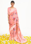 Peach Pink Hand Woven Lucknowi Cotton Saree