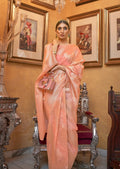 Golden Deep Peach Pink Zari Woven Pure Handloom Linen Saree