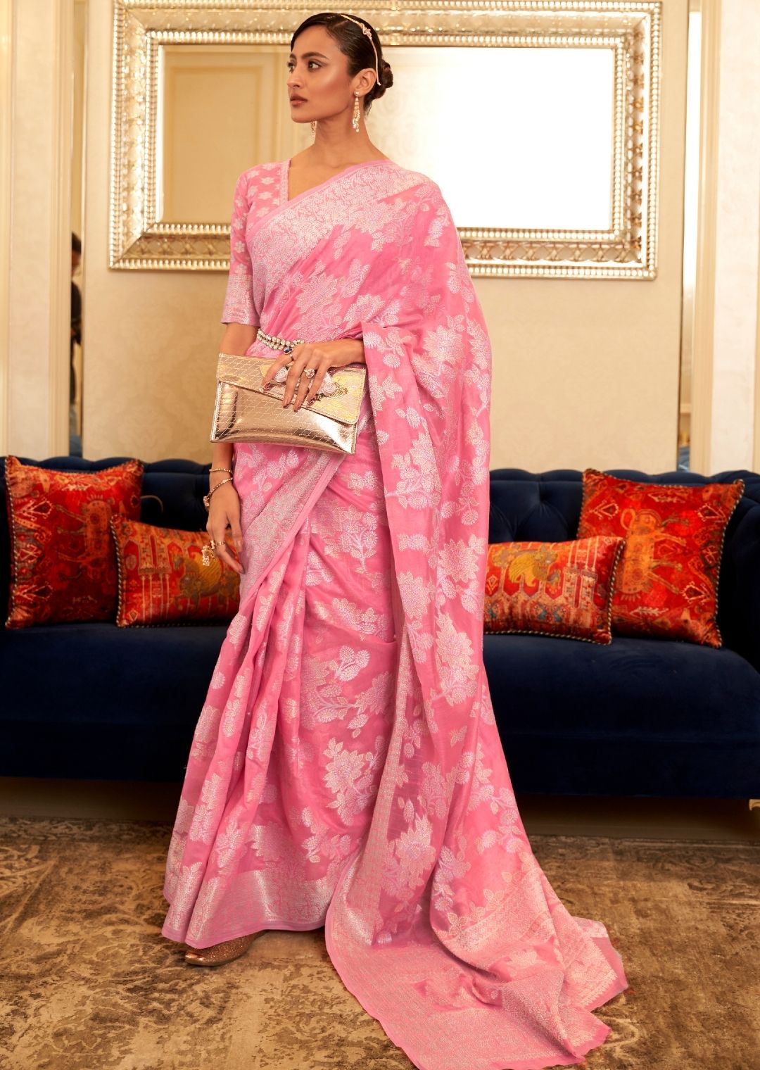 Carnation Pink Woven Pure Handloom Chickankari Lucknowi Cotton Saree
