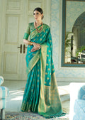Turquoise Green Woven Handloom Zari Silk Saree