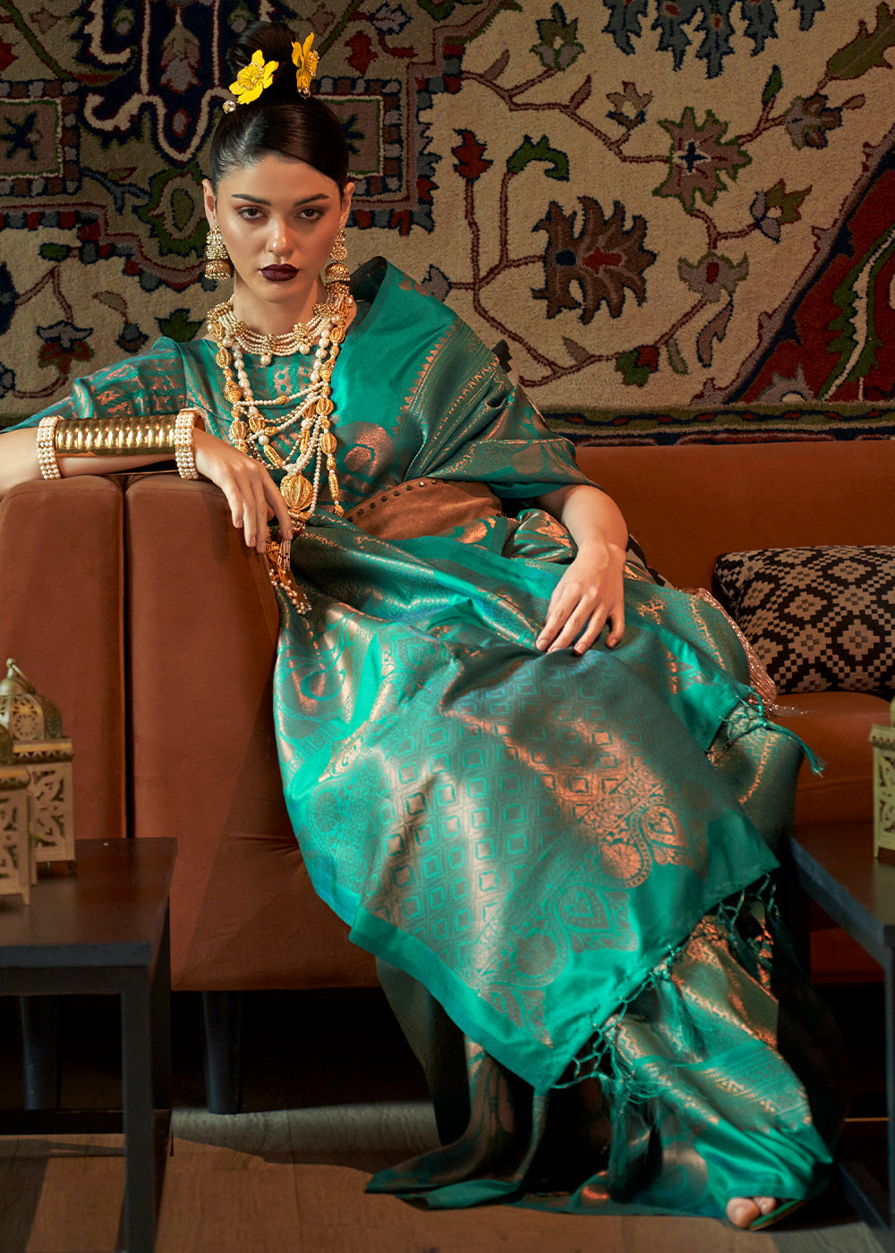 TURQUOISE BLUE COPPER ZARI WOVEN HANDLOOM KANJIVARAM SILK SAREE
