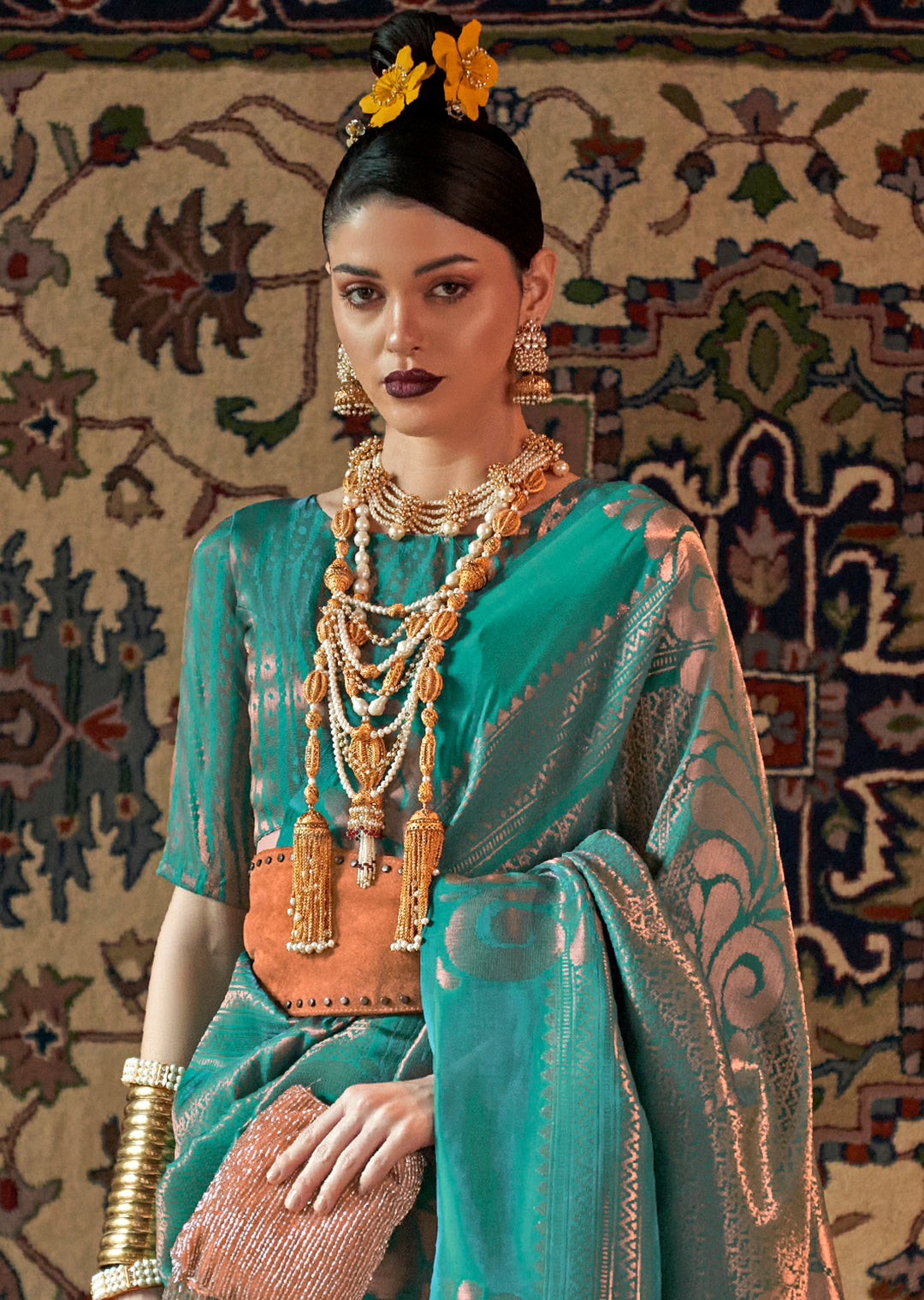 TURQUOISE BLUE COPPER ZARI WOVEN HANDLOOM KANJIVARAM SILK SAREE