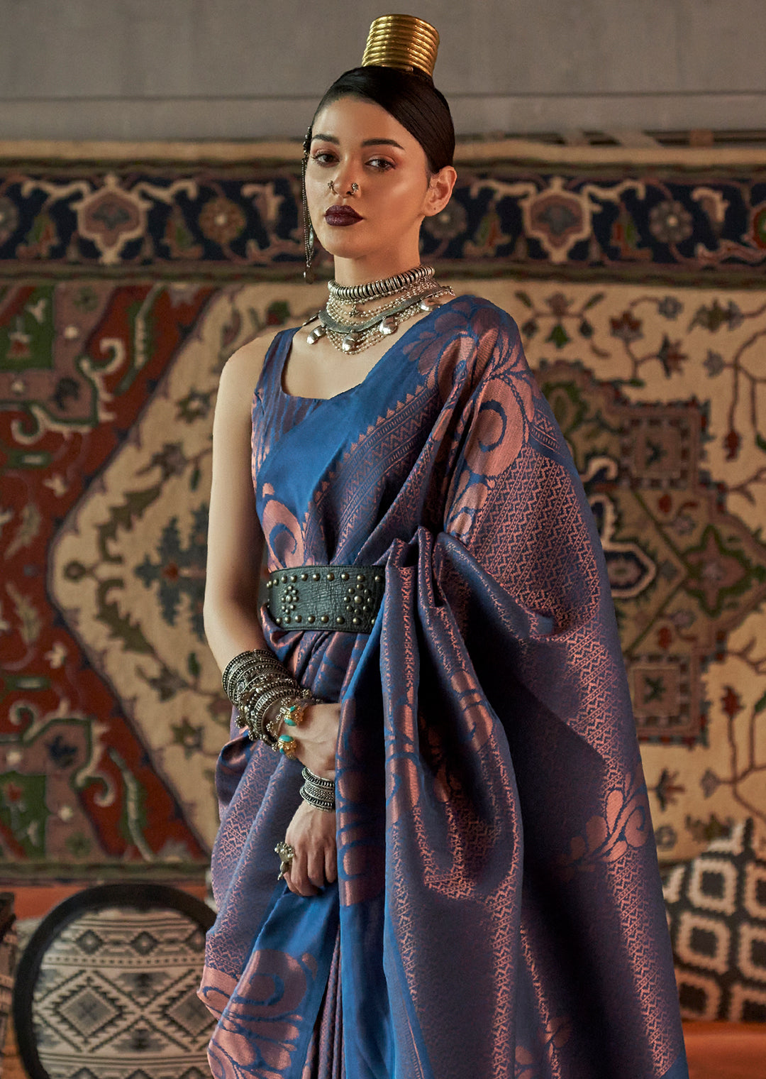 ROYAL BLUE COPPER ZARI WOVEN HANDLOOM KANJIVARAM SILK SAREE