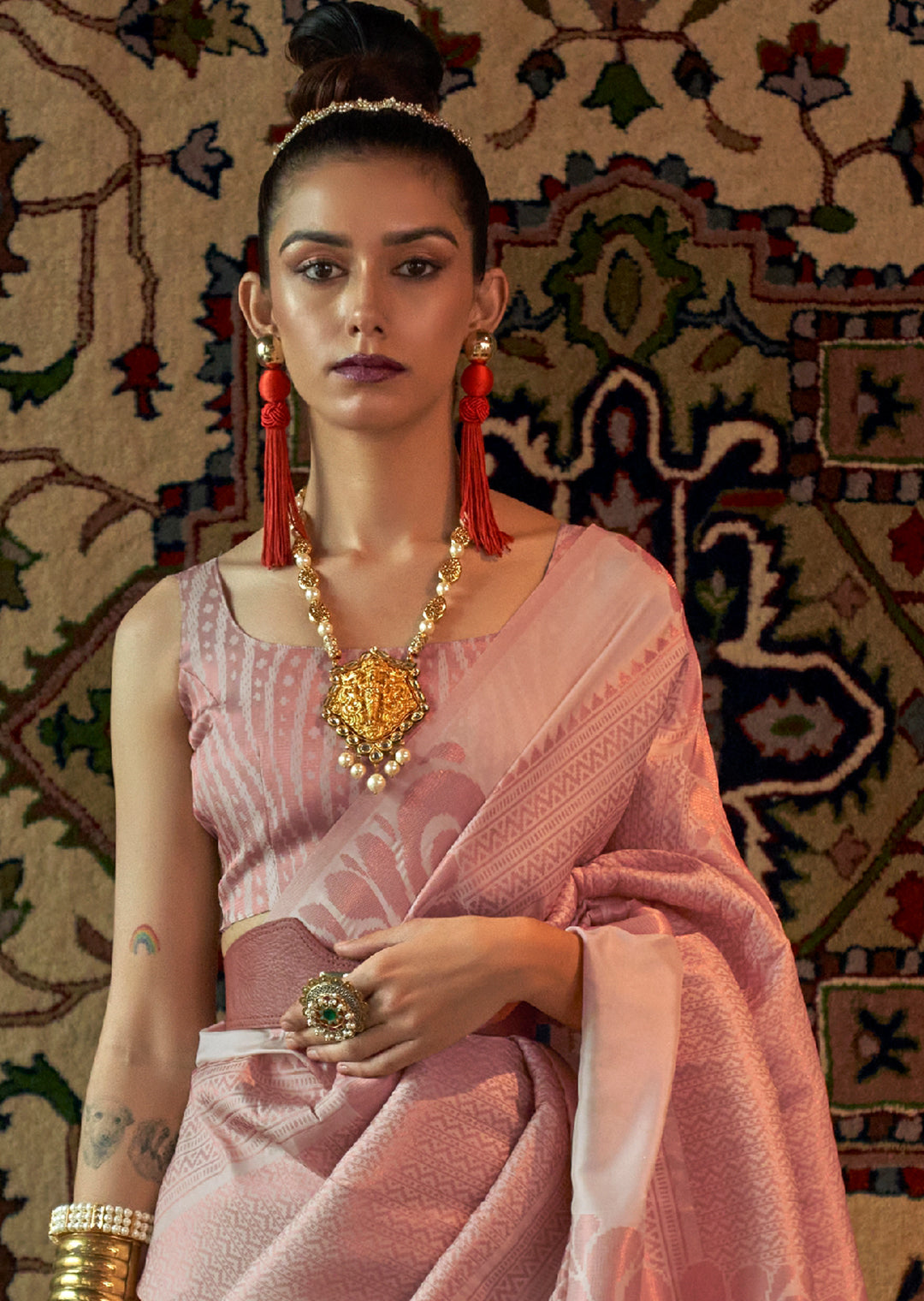 LEMONADE PINK COPPER ZARI WOVEN HANDLOOM KANJIVARAM SILK SAREE