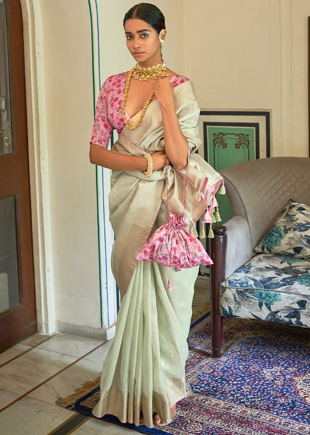MINT GREEN ZARI WOVEN TISSUE SILK SAREE