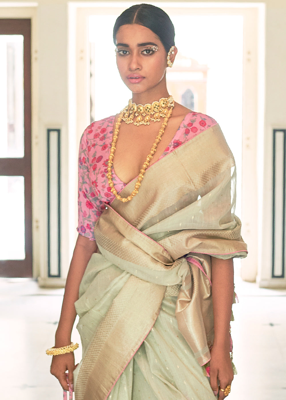 MINT GREEN ZARI WOVEN TISSUE SILK SAREE