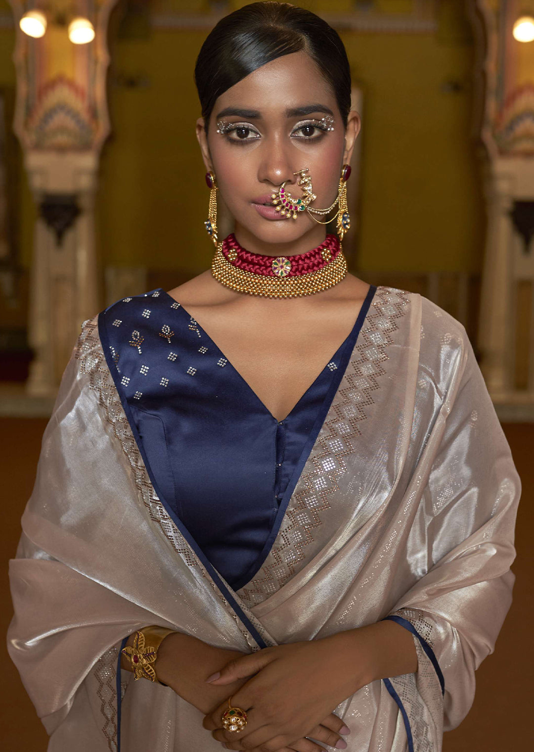 CHAMPAGNE PINK WOVEN DESIGNER SOFT TISSUE SILK SAREE WITH SWAROVSKI WORK