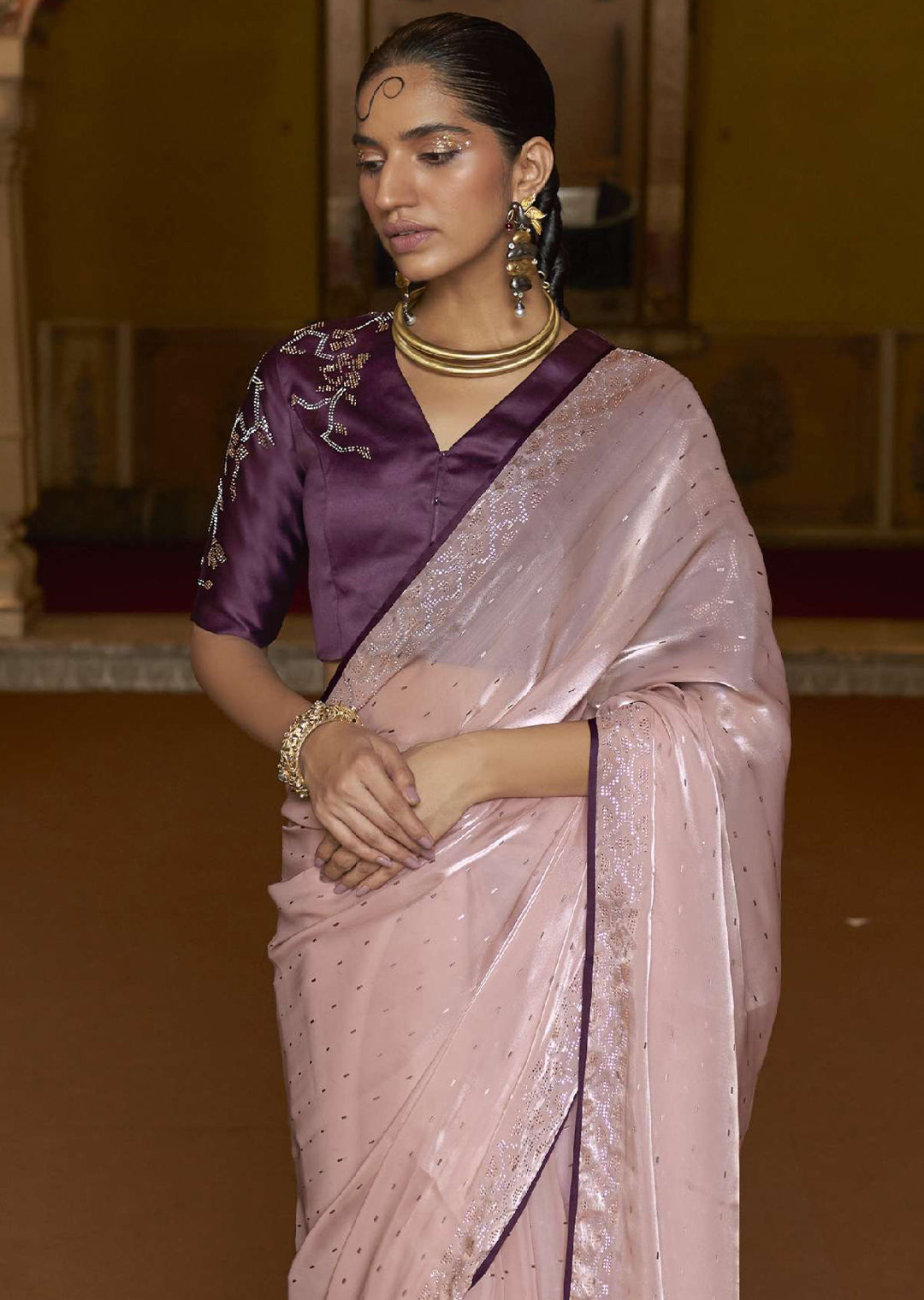 THISTLE PURPLE WOVEN DESIGNER SOFT TISSUE SILK SAREE WITH SWAROVSKI WORK