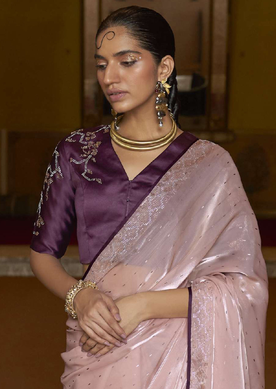 THISTLE PURPLE WOVEN DESIGNER SOFT TISSUE SILK SAREE WITH SWAROVSKI WORK