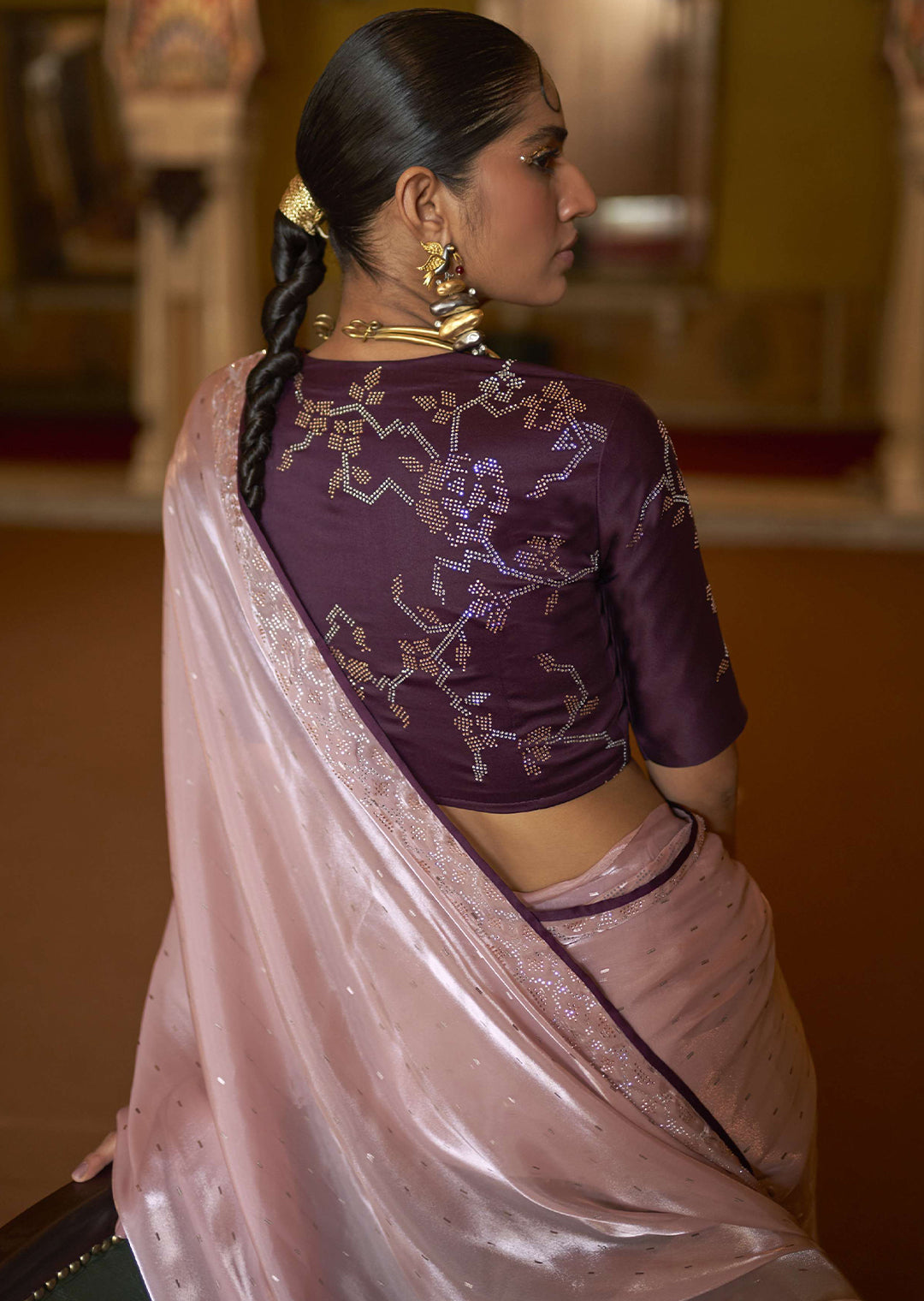 THISTLE PURPLE WOVEN DESIGNER SOFT TISSUE SILK SAREE WITH SWAROVSKI WORK