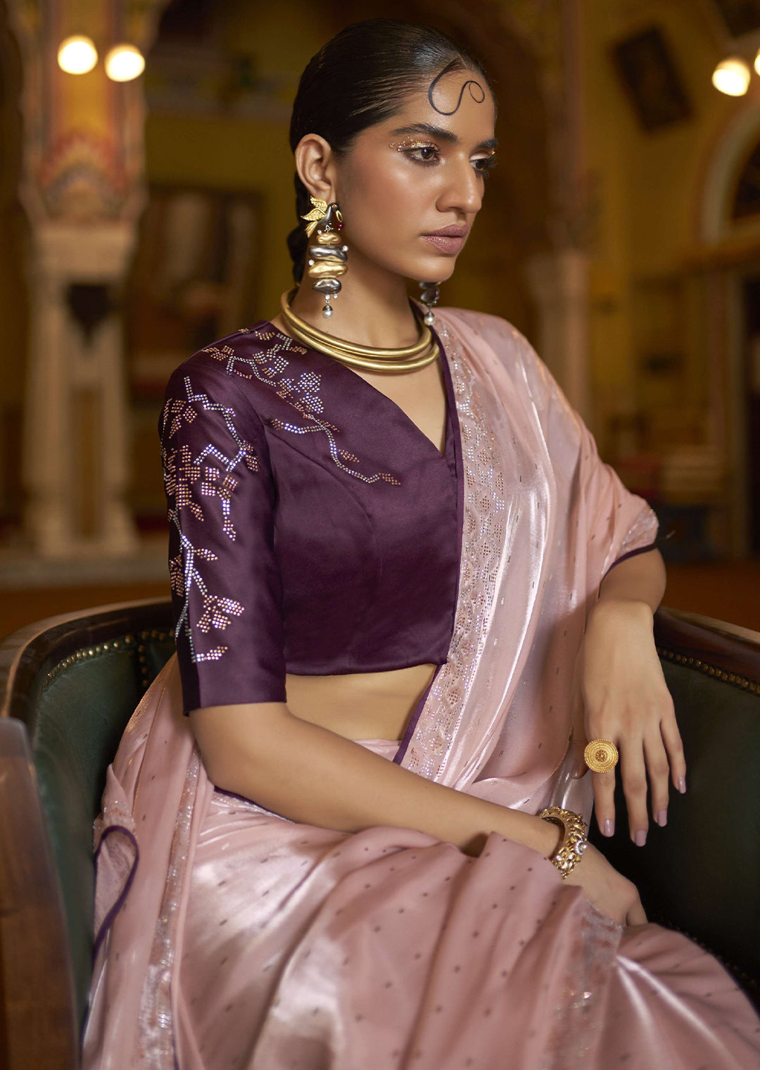 THISTLE PURPLE WOVEN DESIGNER SOFT TISSUE SILK SAREE WITH SWAROVSKI WORK